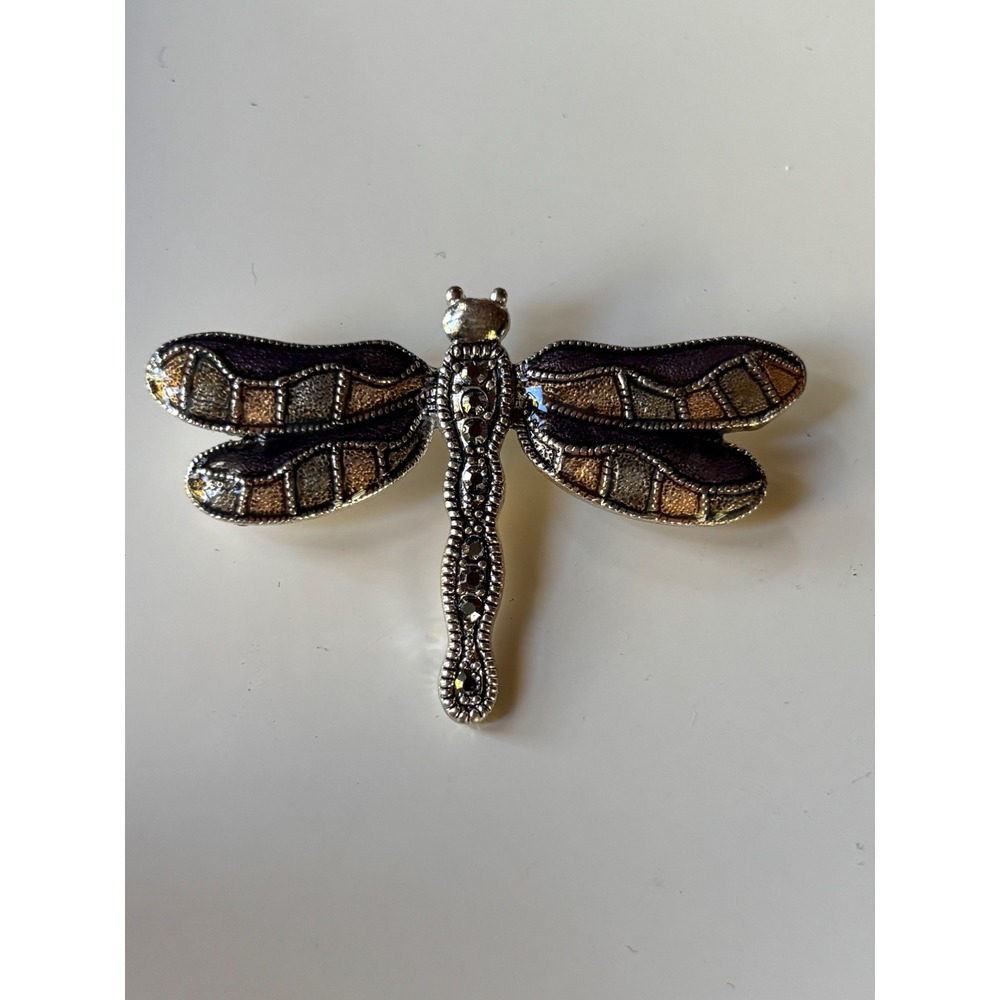Dragonfly Brooch Enamel Marcasite Style Insect Pin Purple Bronze Silver